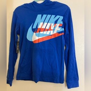 Nike Hooded Long Sleeve, Blue with Orange and White Logo Design, YL